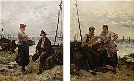 Conversations on the Shore, A Young Woman and an Old Man mending Nets; and A Couple Reading