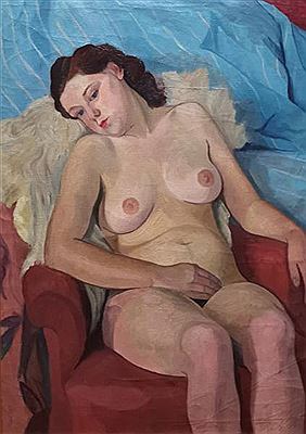 Nude Woman languid red chair.