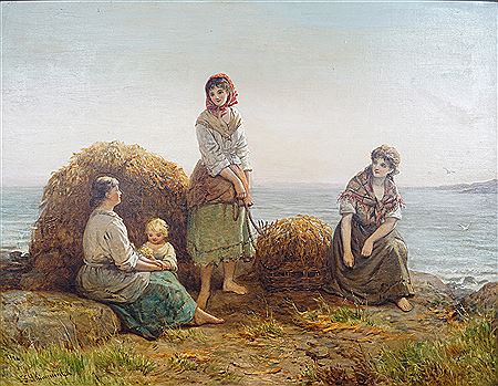 Young girls gathering sea weed