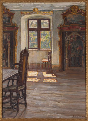 Sunlight pouring through an open window on a still-life interior scene of Schloss Filseck