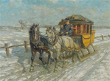 "Two horses at the post carriage"
