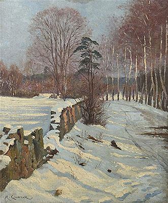 Winter landscape with birches, snow-covered fields, separated by a low wall from a path