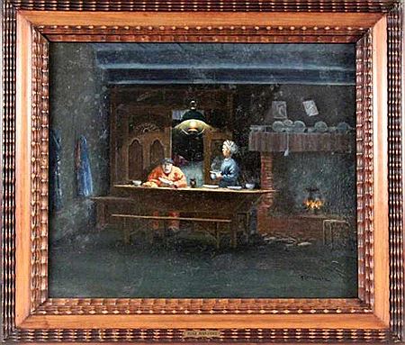 Peasant couple in the kitchen in front of a burning fireplace by Michel Hernandez - Auction record, sale price, and art valuation. Compare with similar artists and explore comparable artworks.