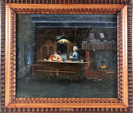Peasant couple in the kitchen in front of a burning fireplace