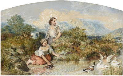 "Water Gathering Young Couple and Ducks at the Stream in Landscape" 1863