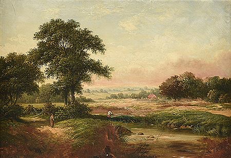 "Landscape with Fisherman at Pond, a Lady on a Path and a Field of Hay"