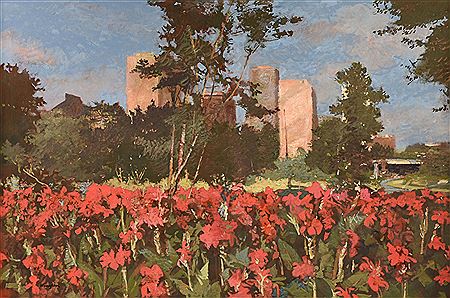 "Red Flowers in Cityscape"