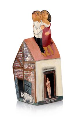 Bauernhaus mit Paar auf dem Dach