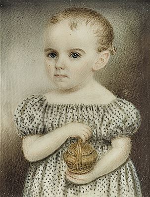 MINIATURE PORTRAIT OF GIRL IN A SPOTTED WHITE DRESS HOLDING A BASKET