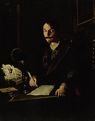 A PORTRAIT OF A MAN WRITING BY CANDLELIGHT