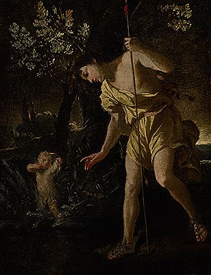 NARCISSUS GAZING AT HIS REFLECTION AND CUPID SHOOTING AN ARROW, IN A LANDSCAPE