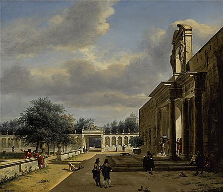 A PALATIAL GARDEN WITH FIGURES EMERGING FROM A PALACE, THE ROOF OF THE HUIS TEN BOSCH VISIBLE IN THE DISTANCE