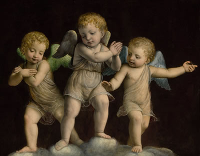 THREE PUTTI STANDING ATOP CLOUDS, GAZING DOWNWARD IN ADORATION