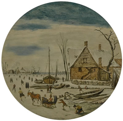 WINTER LANDSCAPE WITH SKATERS AND A FARM HOUSE
