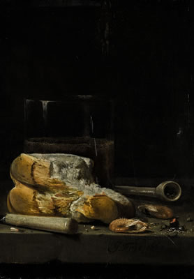 STILL LIFE OF BREAD, PRAWNS, A PIPE AND A GLASS OF BEER ARRANGED ON A TABLE