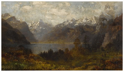 A MOUNTAINOUS LANDSCAPE WITH A VIEW OF LAKE LUCERNE