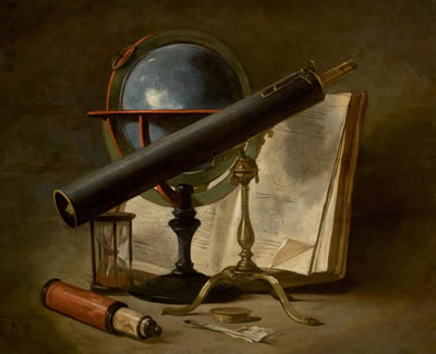 Still life with telescopes and an astrolabe, an hour glass, a book and a quill