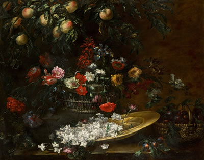 Still life with peaches, plums and flowers in baskets, and jasmine flowers on a gold charger