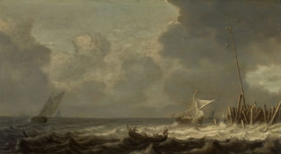 A rowing boat and other sailing vessels in choppy seas