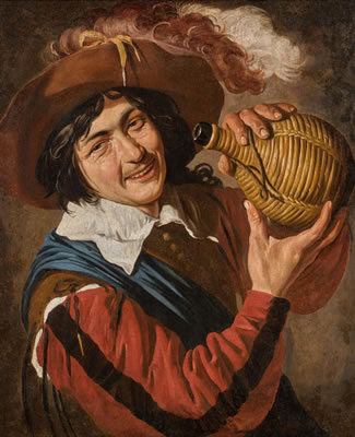 A YOUNG MAN, WEARING A FEATHERED HAT AND HOLDING A WINE FLASK