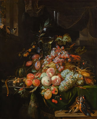 STILL LIFE WITH PLUMS, PEACHES, APRICOTS, GRAPES AND A MELON, WITH A ROEMER GLASS AND A FLUTE GLASS, ALL ON A DRAPED TABLE, A GOLDFINCH ON THE WINDOW SILL AND A BRACE OF SONGBIRDS