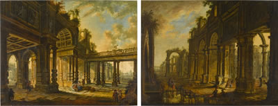 ARCHITECTURAL PALACE CAPRICCIO WITH FIGURES CONVERSING; ARCHITECTURAL RUINS WITH FIGURES BESIDE A FOUNTAIN (2)