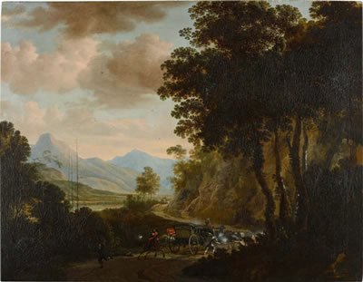 WOODED LANDSCAPE WITH BANDITS ATTACKING A COACH