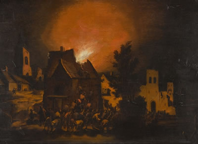 A VILLAGE ON FIRE AT NIGHT