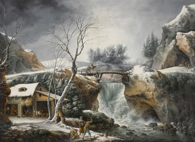 Winter landscape with a waterfall and a peasant family by a cottage