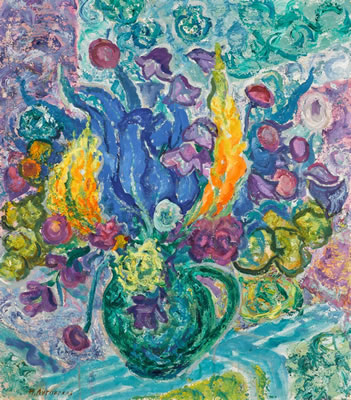 Flowers in a Green Jug by Nina Lougovskaya - Auction record, sale price, and art valuation. Compare with similar artists and explore comparable artworks.