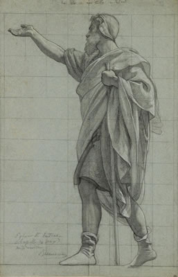 A Standing Man Facing Left, his Right Arm Outstretched, his Left Hand Holding a Walking Stick