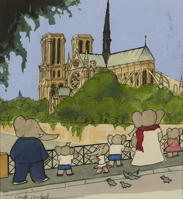 "Babar took them to see the Cathedral of Notre Dame"