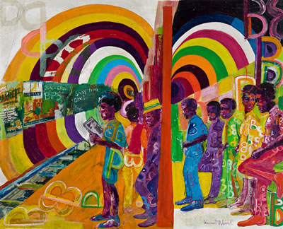 Sample artwork by Wadsworth Jarrell (Born 1929), known for abstract painting, elongated figures, playful children, african-american themes - View similar artists and auction records