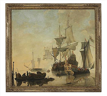 A DUTCH STATES YACHT AND A MAN-O-WAR IN CALM WATERS AT SUNSET, OTHER SHIPPING BEYOND