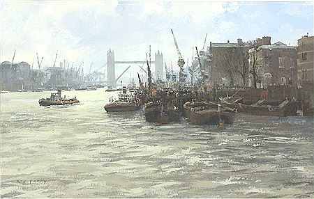 Shipping moored on the Thames, Tower Bridge open beyond
