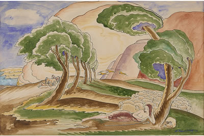 Deco Pastoral Landscape with Shepherdess and Her Flock, Gazelles and Horses, 1938