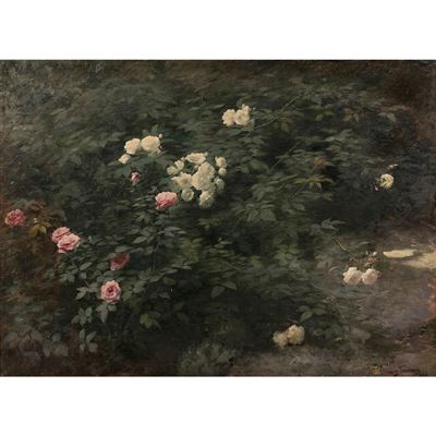 GARDEN CORNER WITH ROSE AND WHITE ROSIERS