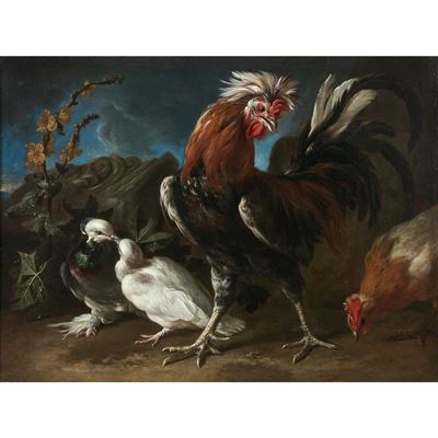 HENS, ROOSTERS AND PIGEONS IN A LANDSCAPE (2)