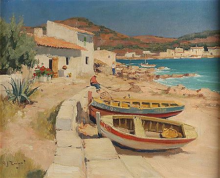 Beach view of Mallorca with fisherman