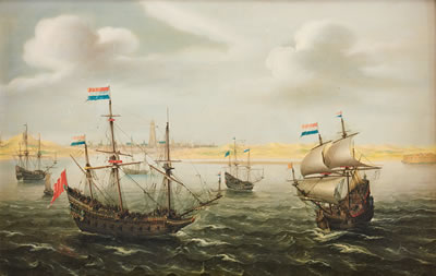 Men o’ war outside the coast with a city and a fort beyond