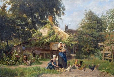 Young girls feeding the chickens at the farm in Zuid-Beveland, Zeeland