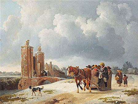 A winter landscape with a company on a horse-drawn sleigh
