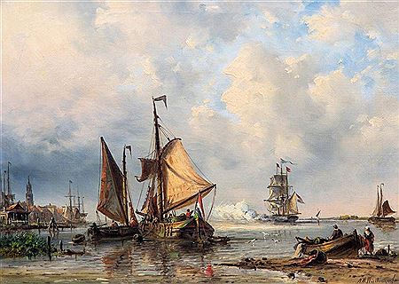 A ship saluting near a Dutch village