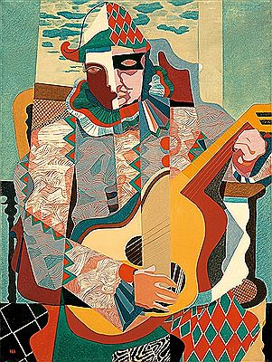 Harlequin with guitar