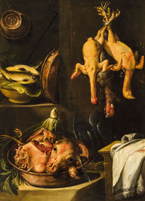 Kitchen interior with game, poultry and fish