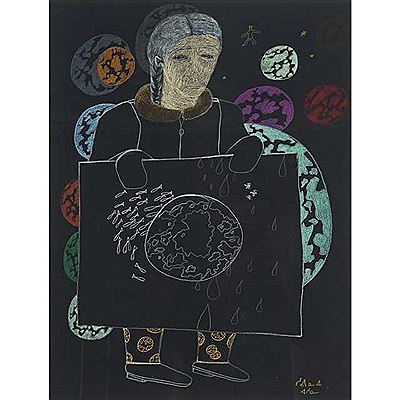 HOLDING A DRAWING OF THE EARTH, 2011 by Shuvinai Ashoona - Auction record, sale price, and art valuation. Compare with similar artists and explore comparable artworks.