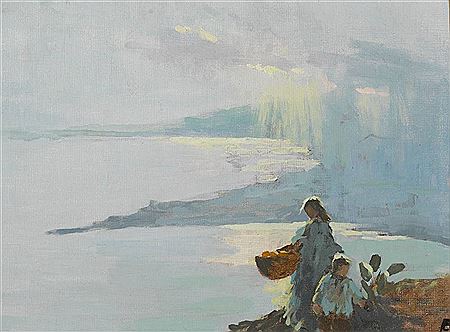 WOMAN AND CHILD BY THE SEA SHORE
