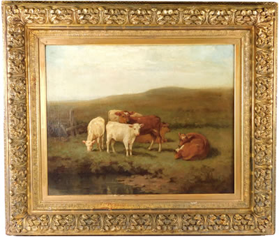 Pastoral scene with cows and their calves in field