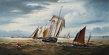 Four sailing vessels off the port of Lowestoft