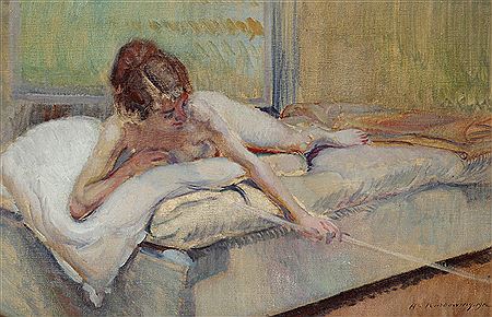 Young lady lying on a bed with a pipe